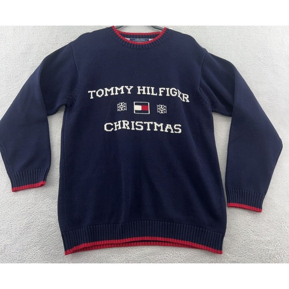 Tommy Hilfiger Sweater Mens Small Christmas Vintage Knit 90s Crewneck Blue Red